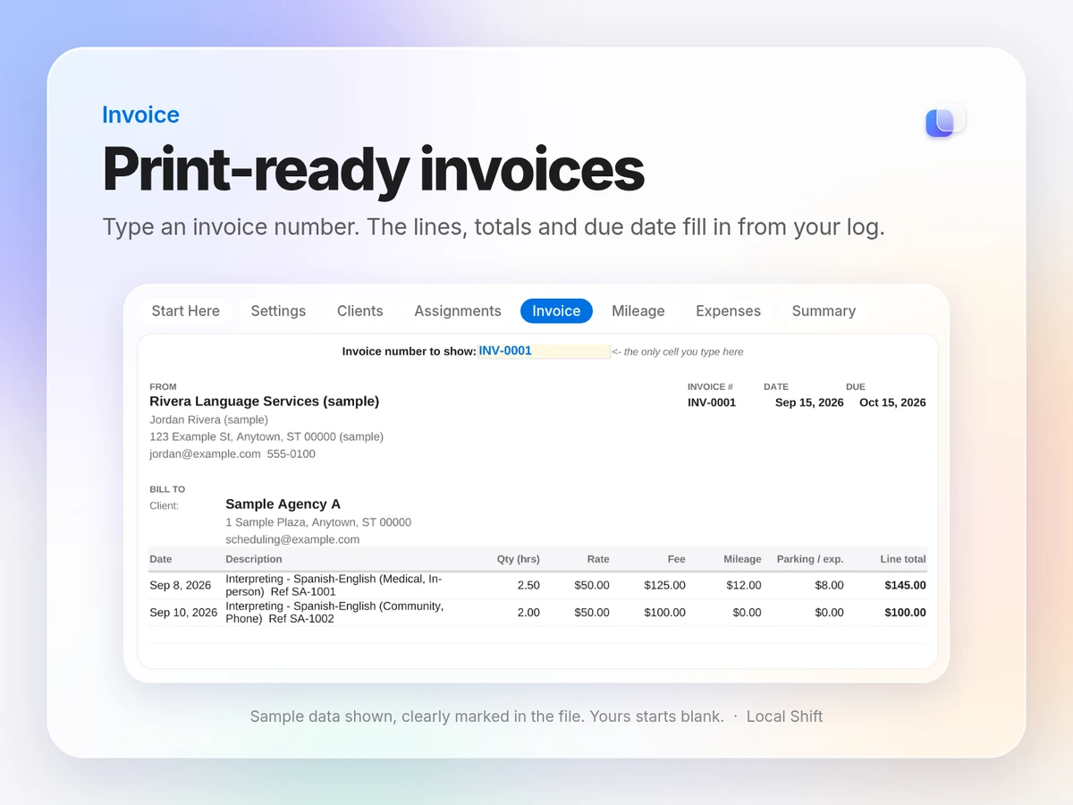 Invoice tab filled in from sample data, with from and bill-to details, two assignment lines and a line total for each